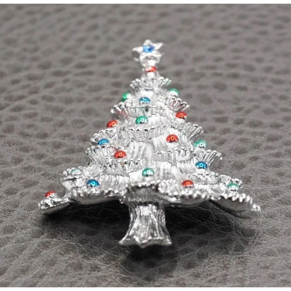 Vintage Christmas Tree Brooch Rhinestone Red Green Blue Silver Tone MCM Retro